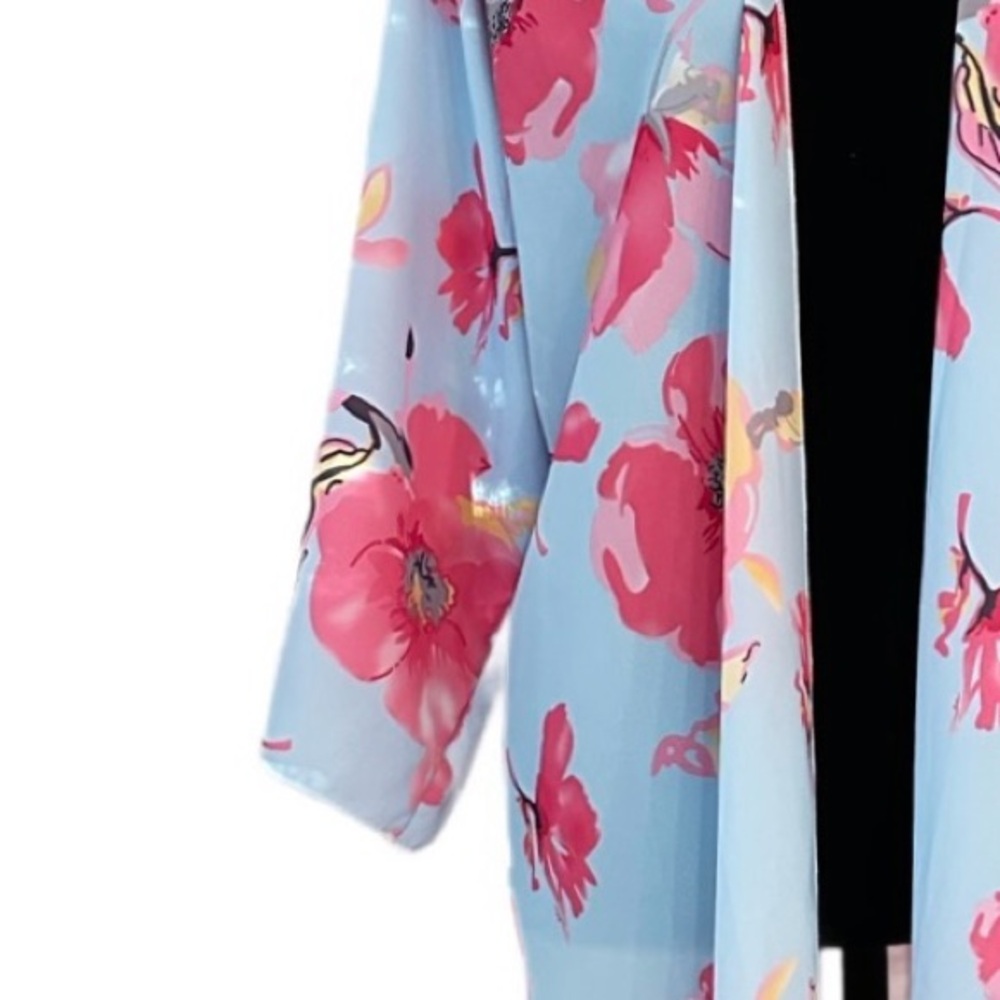 #47 KIMONO ~ Lightweight Baby Blue and Pink Floral Kimono Cover Up size OS - Picture 4 of 6